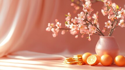 Poster - A vibrant peach blossom branch placed in a ceramic vase, surrounded by gold ingots and mandarin oranges