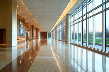 Poster - Modern building interior with long hallway, large windows, and polished floors.