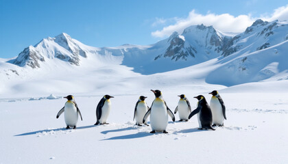 group of emperor penguins standing on snowy landscape in antarctica, showcasing wildlife and icy env