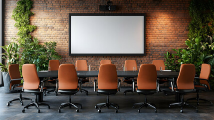 Poster - Modern conference room with brick wall, plants, and blank screen.