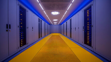 Poster - Modern data center server room corridor with blue lighting and yellow floor.