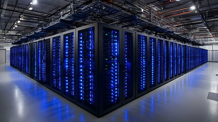 Poster - Modern data center with rows of powerful servers illuminated with blue light.