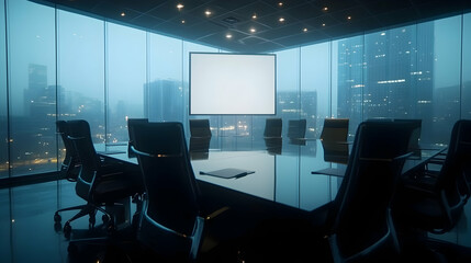 Poster - Modern empty conference room with city view at night.
