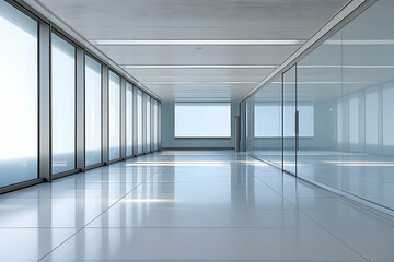 Poster - Modern empty office corridor with glass walls and bright sunlight.