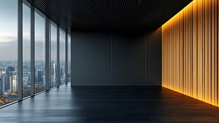 Poster - Modern empty office with city view, dark wood floor, and backlit wall.