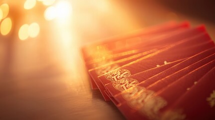 Poster - A set of red envelopes fanned out elegantly with golden Chinese calligraphy glowing softly in warm ambient light