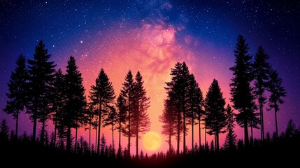 Canvas Print - Silhouetted pine trees at sunset under a vibrant, starlit sky.