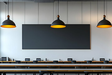 Poster - Modern office interior with blank billboard, desks, and pendant lights.
