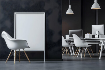 Poster - Modern office interior with blank sign and chairs.