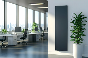 Poster - Modern office interior with blank vertical sign, plants, and city view.