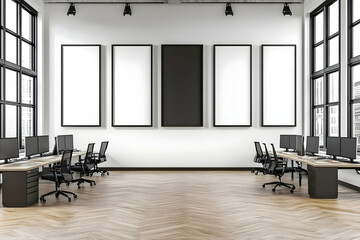 Poster - Modern office interior with large windows, wooden floor, and blank frames on the wall.