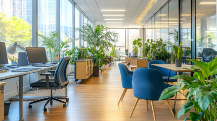 Poster - Modern office interior with plants, desks, chairs, and large windows.