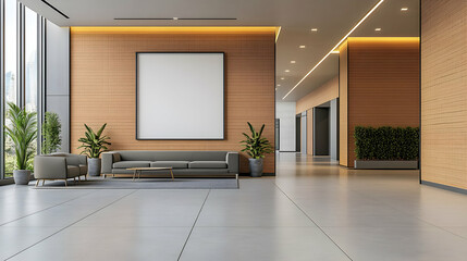 Poster - Modern office lobby with seating area, large windows, and wood paneling.