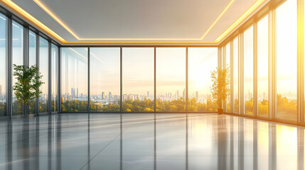 Poster - Modern office with panoramic city view at sunset.