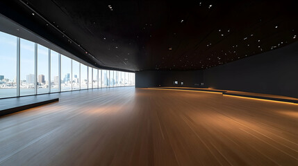 Poster - Modern spacious interior with panoramic city view.