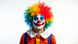 Cheerful clown with colorful hair and makeup for Purim celebration entertainment