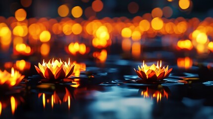 Poster - A collection of glowing Yuanbao candles placed on a smooth reflective surface, creating a warm and auspicious scene
