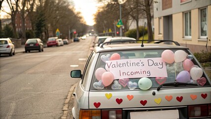 Poster - A car with a sign on the windshield that says Valentine's Day is coming