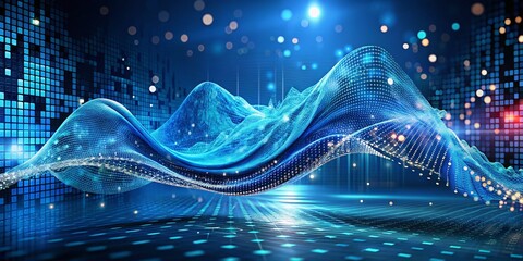 Poster - Dynamic Abstract Fashion Photography Capturing a Wave of Blue Pixels Representing Digital Signals and Data Flow in a Modern Aesthetic Setting