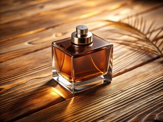 Poster - Elegant Mockup of a Square Brown Perfume Bottle on a Minimalist Beige Wooden Table, Perfect for Showcasing Fragrance Designs and Branding Concepts in Food Photography Style