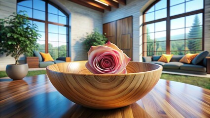Poster - Elegant Wooden Rose Bowl in Contemporary Architectural Setting with Natural Light and Minimalist Surroundings, Showcasing Craftsmanship and Design Innovation