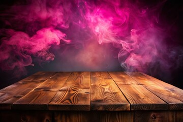 Poster - Elegant Wooden Table Displayed on a Dark Pink and Smoky Background for Product Photography Showcasing Unique Designs and Textures in a Captivating Atmosphere