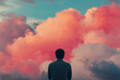 © Happy Photo Stock - Burnout recovery stress recharge and relaxation. A silhouette of a person gazing at vibrant pink and blue clouds during sunset, evoking a sense of wonder and tranquility.