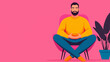 © Happy Photo Stock - Burnout recovery stress recharge and relaxation. A man sits cross-legged in a bright pink room, wearing a yellow sweater, with a potted plant nearby, exuding a relaxed and cozy vibe.