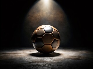 Poster - Epic Architectural Photography of a Soccer Ball with Side Graphic Illuminated Dramatically Against a Black Background for High-Impact Visuals in Sports and Design