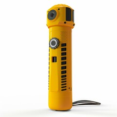 Poster - Yellow sensor device with camera and microphone standing on white background, futuristic technology concept