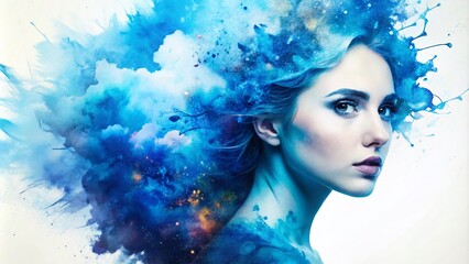 Poster - Ethereal Double Exposure of a Blue Watercolor Spot on White Background, Merging Generative AI Artistry with Fluidity and Color in a Contemporary Style