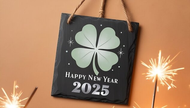 Happy New Year 2025, A rustic wooden hang tag with a frazzled twine, a stylized illustration of a four-leaf clover IN HAPPY NEW YEAR 2025, banner, poster, created with generativae ai