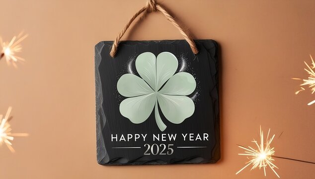 Happy New Year 2025, A rustic wooden hang tag with a frazzled twine, a stylized illustration of a four-leaf clover IN HAPPY NEW YEAR 2025, banner, poster, created with generativae ai
