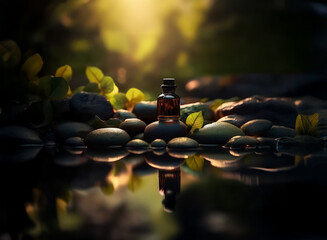 Poster - A small bottle of amber liquid rests on smooth, dark stones beside a tranquil stream at sunrise.  The scene evokes serenity and natural healing.