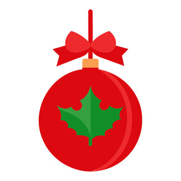 Festive Christmas Red Ball with Bow and Leaf Vector - Transparent Background