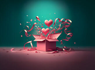 Poster - A pink gift box bursts open, revealing two hearts and a shower of confetti and ribbons against a teal background.  The scene is magical and celebratory.