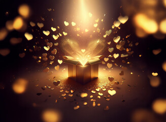 Aufkleber - A golden gift box radiates light, releasing a shower of glittering gold hearts.  Magic, love, and wonder fill the air.