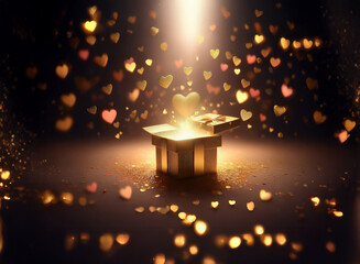 Poster - A golden gift box magically opens, revealing a radiant heart and showering colorful hearts.  Sparkling lights and glitter surround it, creating a romantic and enchanting scene.