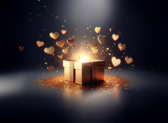Aufkleber - A golden gift box radiates light, surrounded by sparkling hearts and glitter, creating a magical, romantic atmosphere.
