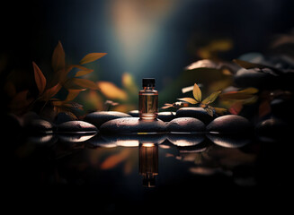 Poster - A small amber bottle rests on dark stones beside a tranquil pool, surrounded by autumn leaves.  The scene is dimly lit, creating a serene and mystical atmosphere.