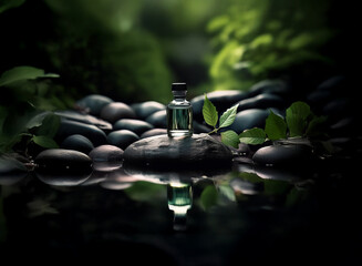 Poster - A small glass bottle sits on dark stones beside a calm, reflective pool in a lush, green forest.  The scene evokes a sense of tranquility and mystery.