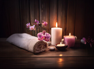 Poster - Serene spa scene: Rolled towel, orchids, lit candles, and smooth stones on dark wood.  Relaxing ambiance.