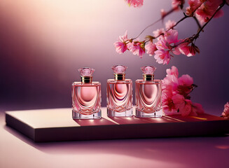 Poster - Three elegant perfume bottles,  pink hues,  rest on a gray platform, accented by delicate pink blossoms.  A soft, romantic ambiance is created by the lighting.