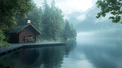 Wall Mural - Secluded Lake Cabin: A Serene Escape in the Misty Mountains