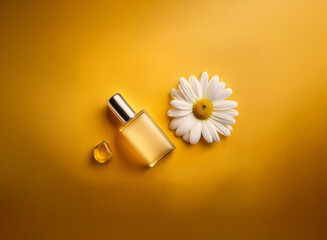Leinwandbilder - A single chamomile flower and a small bottle of yellow perfume rest on a vibrant yellow background.  A single drop of liquid is visible nearby.
