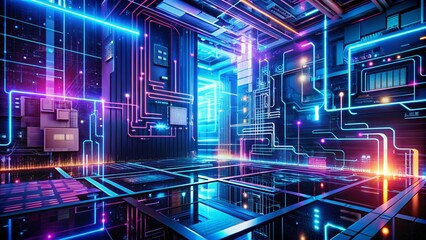 Poster - Futuristic Abstract Technology Circuit Background with Hitech Digital Elements and Computer Graphics for Modern Architectural Design Concepts