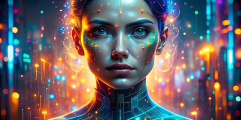 Poster - Futuristic AI Avatar Portrait with Dynamic Digital Elements and Long Exposure Effects, Capturing the Essence of Innovation and Technology in a Visually Striking Composition