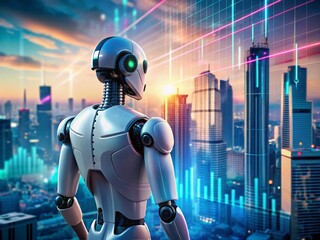 Poster - Futuristic AI Robot Analyzing Business Data for Investment and Trading Insights in Urban Financial Technology Landscape