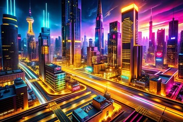 Poster - Futuristic Big City at Night: A Vibrant Urban Landscape with Neon Yellow and Pink Lights, Showcasing Innovative Architecture and Lively Streets, Perfect for Sci-Fi Themes and Imagery