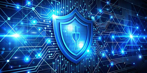 Fototapete - Futuristic Blue Digital Security Shield Logo with HUD Technology Circuit Board on Abstract Background Representing Network Firewall Technology and Data Security Concepts